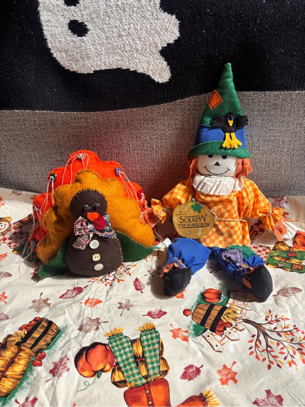 Fall bundle- Scrappy the Scarecrow Plush, turkey plush,and laminated tablecloth